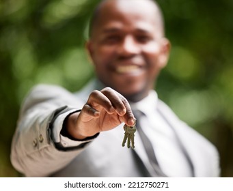 Real Estate Agent Keys, Man Portrait And New House Property For Sale, Lease And Rent On Home Loan, Building Mortgage And Sales Finance. Zoom Hands Of Realtor, Broker And Homeowner Moving Deal Outdoor