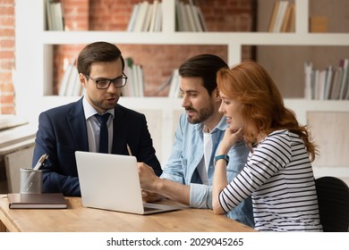 Real estate agent make offer for couple selects housing options, showing services presentation on laptop, choose new or secondary property for long term rental. Family and advisor discuss deal concept