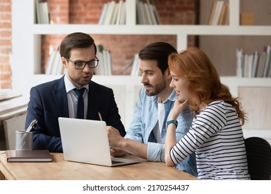 Real estate agent make offer for couple selects housing options, showing services presentation on laptop, choose new or secondary property for long term rental. Family and advisor discuss deal concept