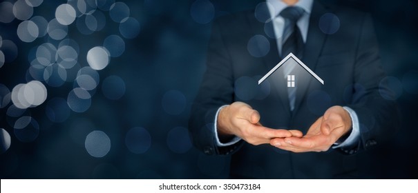 Real estate agent offer house. Property insurance and security concept. Wide banner composition with bokeh background.