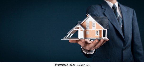 Real estate agent offer house represented by model. Wide banner composition.