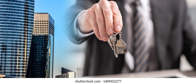 Real Estate Agent Offering House Keys; Multiple Exposure