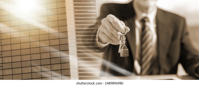 Real Estate Agent Offering House Keys; Multiple Exposure