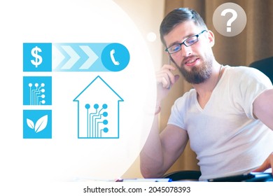 Real Estate Agent Is Talking To The Client On The Phone. Smart And Energy Efficient Home Symbols. Realtor Sells Real Estate By Phone. Agent Sells Modern Eco Houses. Real Estate Agent.