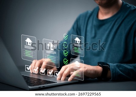 Real estate agent using technology property evaluation, comparing house quality on futuristic virtual dashboard. Customer selects home, reviewing loan and insurance options online. Efficiency concept.