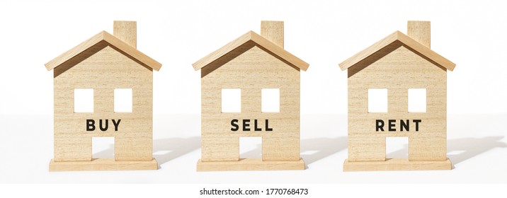 Real estate banner. Group of wooden house model on white background. Buy, sell or rent concept