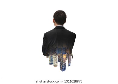 Real Estate Business, Real Estate Investor. Businessman In Black Suit And Modern Buildings, On White Background	
