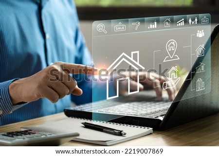 real estate, buy house concept, location, energy efficiency rating and property value, Real estate online on virtual screens. new home for the family, home search, land price