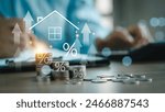 Real estate concept business, home insurance and real estate protection. Real estate investment concept. Buy and sell houses and real estate online on a virtual screen.