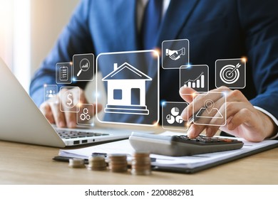 Real Estate Concept, Home Loan Application, Evergy Performance Assessment And Property Value With Location Icon. Contracts And Price Diagrams.