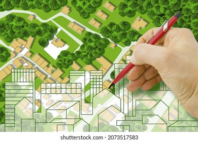 Real Estate Concept With An Imaginary Cadastral Map Of Territory With Cityscape, Buildings, Roads And Land Parcel