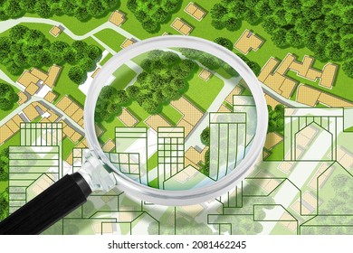 Real Estate concept with an imaginary cadastral map of territory with cityscape, buildings, roads and land parcel - Concept image seen through a magnifying glass