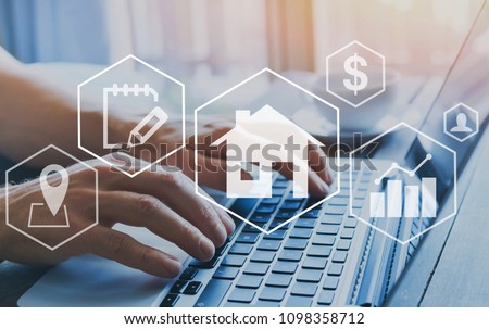 real estate concept, property value diagram, hands typing on computer as background, buy a house