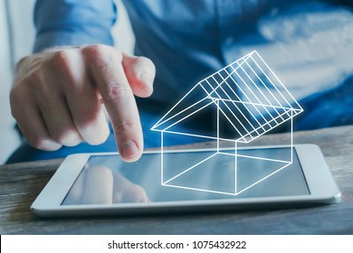 real estate digital project, 3d concept model of virtual house on the screen of tablet computer