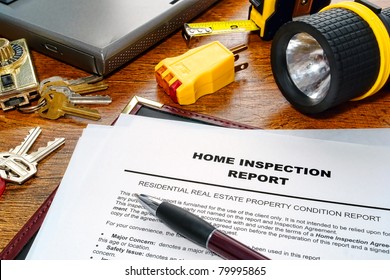 Real estate home inspection report of resale residential property condition with professional housing engineering inspector testing tools and house keys (fictitious but realistic document)
 - Shutterstock ID 79995865