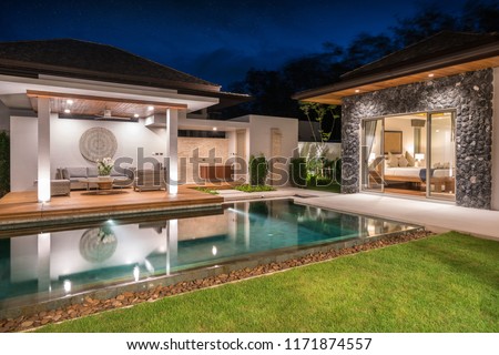 real estate Interior and exterior design pavilion of pool villa with swimming pool ,home, house , night time  ,building