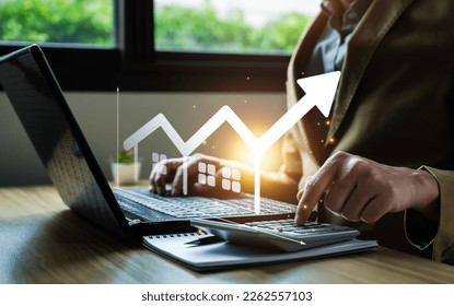 real estate investment concept, buy house, location, energy efficiency rating and property value, Real estate online on virtual screens. home search, land price, property tax, real estate market - Powered by Shutterstock