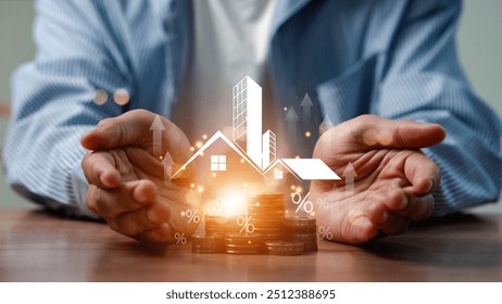 Real estate investment concept. Buy, own, and sell properties for profit. Cash flow, appreciation, tax advantages. Buy and sell houses and real estate online on a virtual screen. real estate market - Powered by Shutterstock