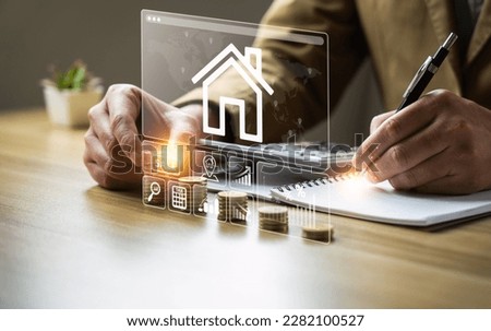 real estate investment concept, buy house, location, energy efficiency rating and property value, Real estate online on virtual screens. home search, land price, property tax, real estate market