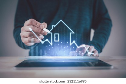 real estate investment concept energy efficiency rating and property value, Real estate online on virtual screens. new home for the family, home search, land price, property tax. - Shutterstock ID 2321116995