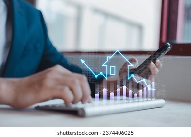 real estate investment concept energy efficiency rating and property value, Real estate online on virtual screens. new home for the family, home search, land price, property tax. - Powered by Shutterstock