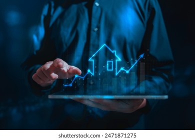 real estate investment concept energy efficiency rating and property value, Real estate online on virtual screens. new home for the family, home search, land price, property tax.