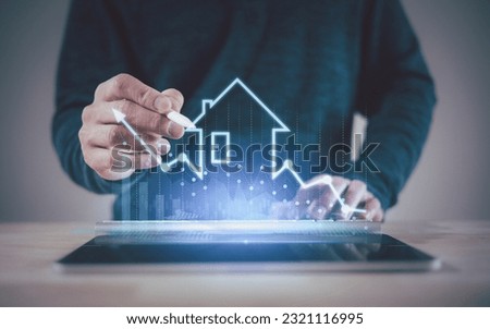 real estate investment concept energy efficiency rating and property value, Real estate online on virtual screens. new home for the family, home search, land price, property tax.
