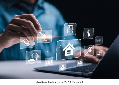 Real estate investment concept. Man use laptop with house icon for analyzing mortgage loan home and insurance real property mortgage. interest rate, Investment planning, business real estate.