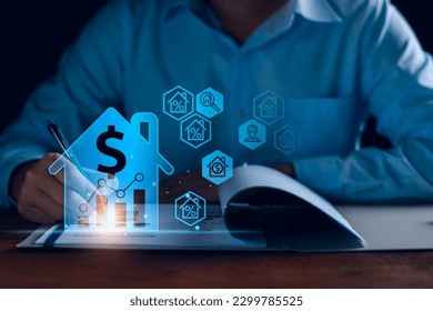 real estate investment concept, Real estate online on virtual screens. home search, land price, property tax, real estate market, buy house, location, energy efficiency rating and property value - Shutterstock ID 2299785525