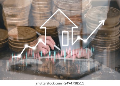 real estate investment property value new home for the family home search land price property tax Businessman analysing virtual graph with blurred coins background in real estate investment concept - Powered by Shutterstock