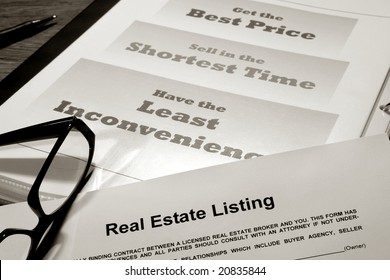 Real Estate Listing Contract Over Professional Realtor Agent Marketing And Advertising Presentation Binder With House Sale Strategy Slogans (fictitious Document With Authentic Legal Language)