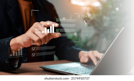 Real estate management. using a tablet to manage real estate tasks with interactive digital checklists, accessing digital tools for housing evaluations, property management, and checklist planning.