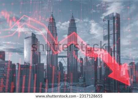 Real estate market and commercial property crisis concept with red falling graph with arraw and cityscape on background, double exposure 商業照片 © 