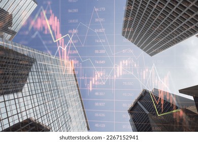 Real estate market crash and economy crisis concept with falling down digital financial chart candlestick and diagram with data indicators on city skyscraper tops bottom view, double exposure
