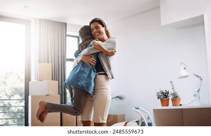 Real estate, mother and hug child to celebrate house sale, mortgage and property investment. Mom, girl and embrace kid for new home, relocation and success of happy family moving to dream apartment
