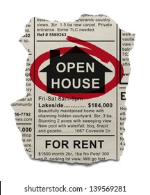 Real Estate Open House Ad Circled With Red Marker Isolated On White Background.