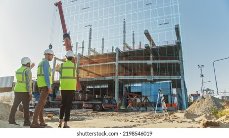 Real Estate Project Construction Site with Architectural Engineer, Investor and Worker Completing Building Development by Using 3D VFX Graphics. Futuristic Concept of Buildings Development