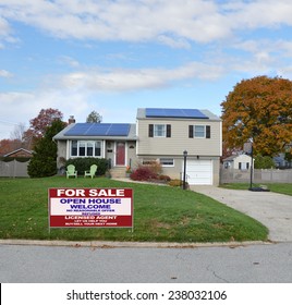 Real Estate For Sale Open House Welcome Sign Suburban High Ranch House Autumn Day Residential Neighborhood Blue Sky Clouds USA