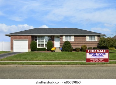 Real Estate For Sale Sign Suburban Ranch House USA Blue Sky Clouds