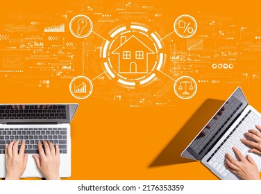 Real Estate Theme With People Working Together With Laptop Computers