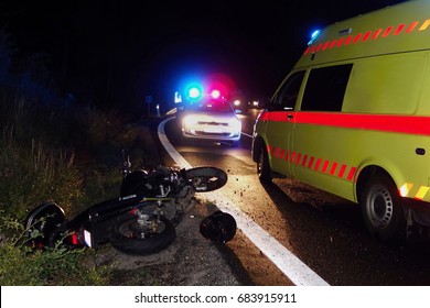 Real Event, Motorcycle Accident, Crash At Night On A Wet Road