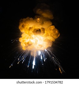 Real fiery explosion over a black background. Fireball blast. Real photo