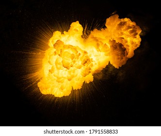 Real Fiery Explosion Over A Black Background. Fireball Blast. Real Photo