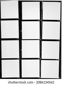 real flat bed scan of black and white hand copy contact sheet with 12 empty film frames. 120mm film photo placeholder.