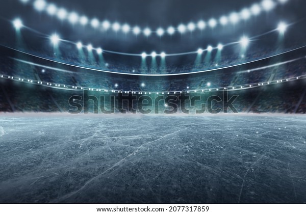 real Gold, silver and bronze\
medals in the large, illuminated winter ice stadium - 3D\
illustration