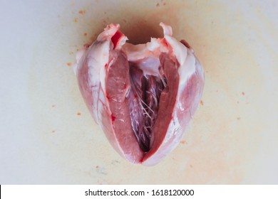 Real heart cutted on half and opened in symbolic heart shape. Concept anatomy, heart desease, health.