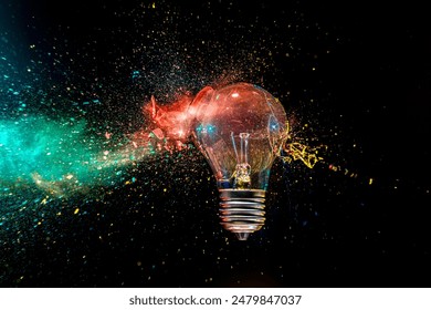 real image Light bulb  exploding colorful powder black background creativity concept