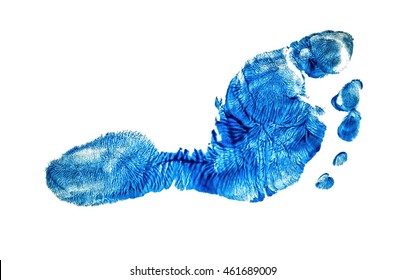 Real imprint of child foot in blue color isolated on white background