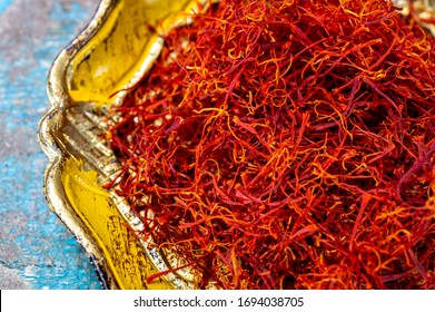 Real Iranian Red Dried Saffron Spice Close Up