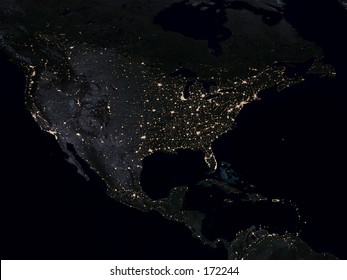 Real looking Earth map.  North America in the center, night. Map is accurate, like in reality.